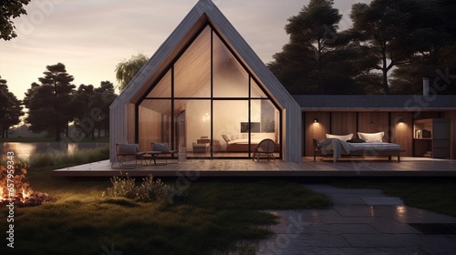 An image illustrating the seamless integration of minimalist aesthetics and comfort features in the cottage's exterior, background image, generative AI