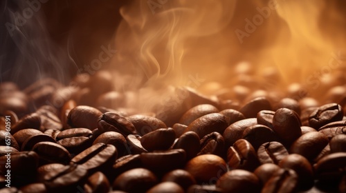 Golden smoke swirling around aromatic coffee beans
