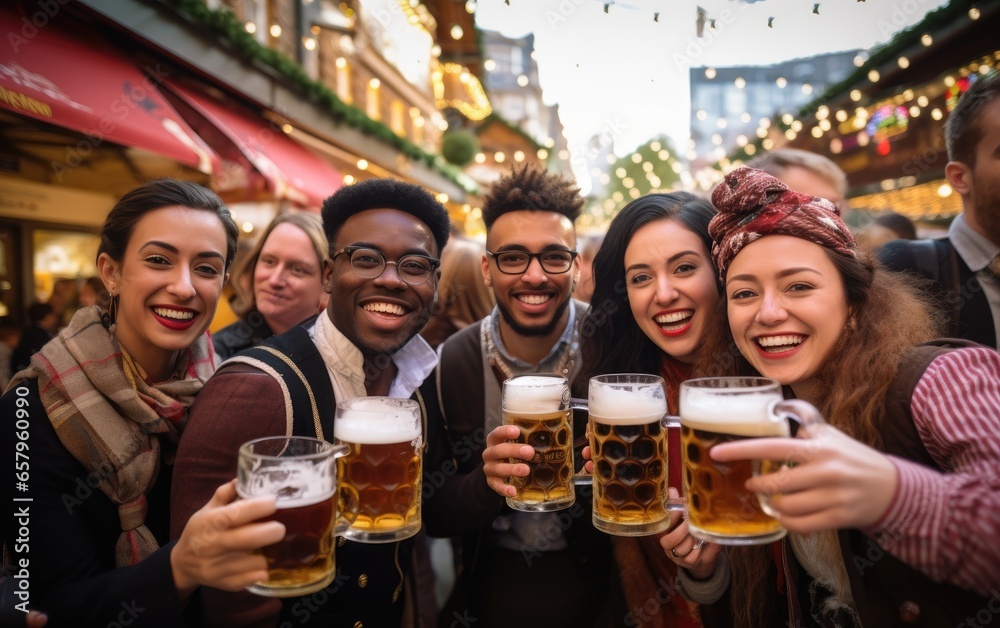 A group of people in traditional Bavarian clothing, holding full glasses of beer and pretzels. Generative AI A group of people in traditional Bavarian clothing, holding full glasses of beer and pretzels. Generative AI