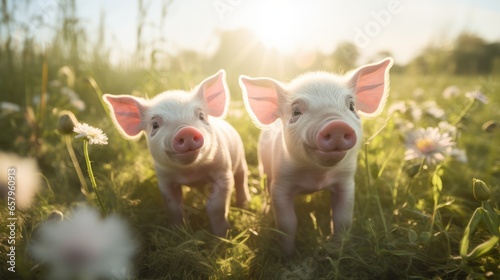 Two playful piglets frolicking in a sunlit field