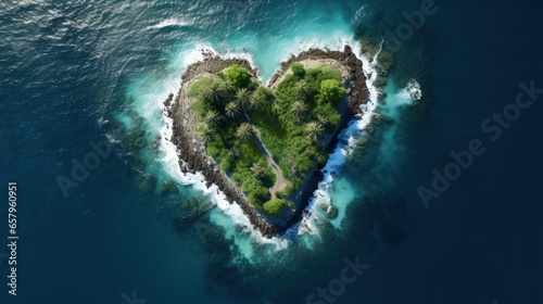 Heart-shaped island in a telephoto lens, aerial view of the ocean with realistic lighting