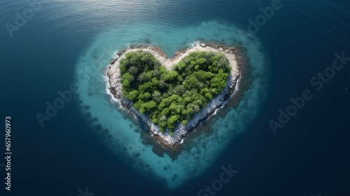 Heart-shaped island in a telephoto lens  aerial view of the ocean with realistic lighting