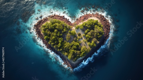 Heart-shaped island in a telephoto lens, aerial view of the ocean with realistic lighting