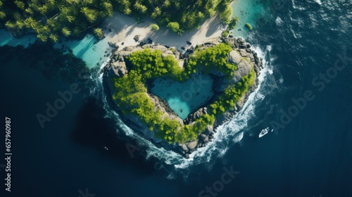 Heart-shaped island in a telephoto lens, aerial view of the ocean with realistic lighting