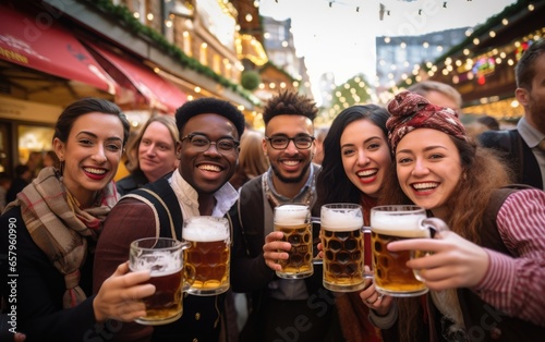 A group of people in traditional Bavarian clothing, holding full glasses of beer and pretzels. Generative AI