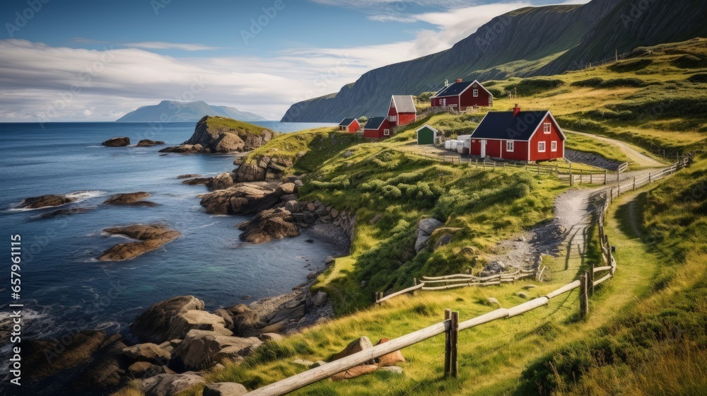 Naklejka premium Norwegian landscape with old redwood barns at the sea coast