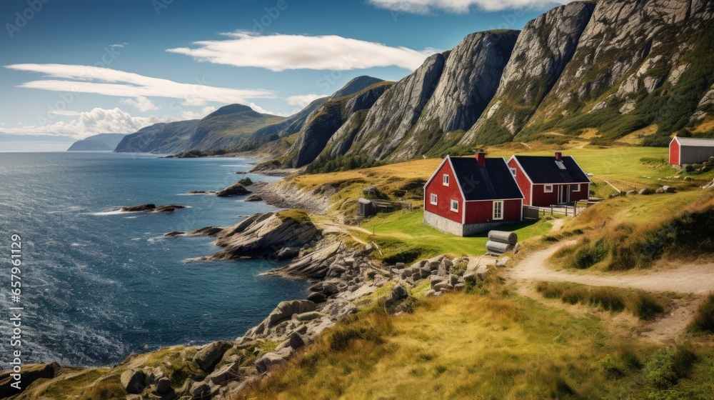 Norwegian landscape with old redwood barns at the sea coast - obrazy, fototapety, plakaty 