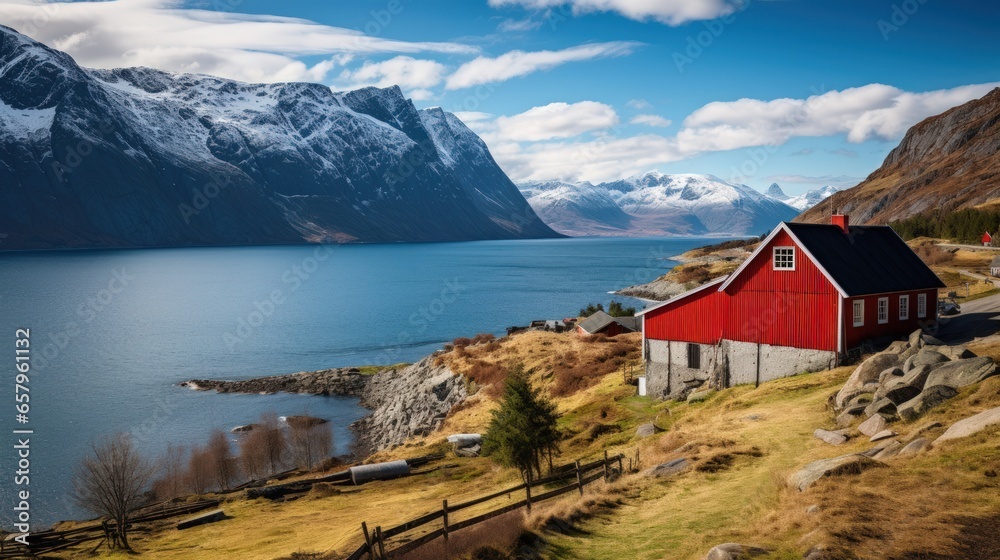 Norwegian landscape with old redwood barns at the sea coast