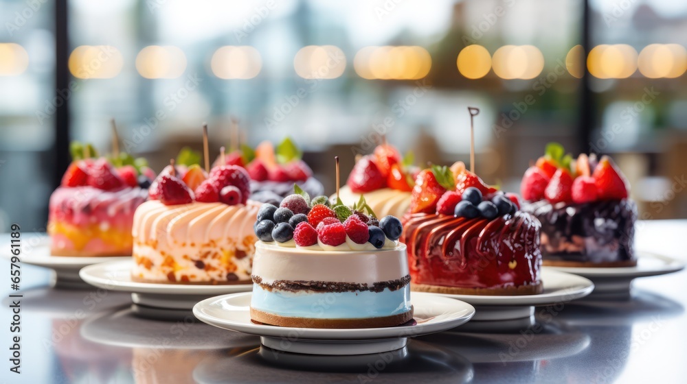 An array of cakes displayed on a cafeteria counter - obrazy, fototapety, plakaty 