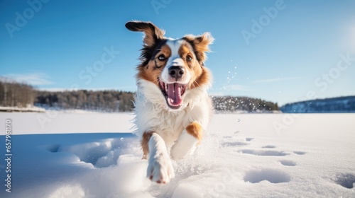 Fotografia An Australian Shepherd joyfully frolicking in snow covered nature
