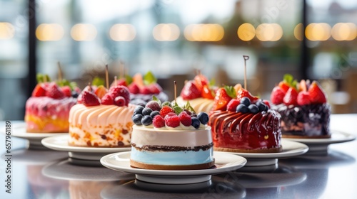 An array of cakes displayed on a cafeteria counter