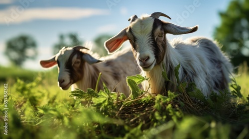 Goats contentedly grazing on fresh grass