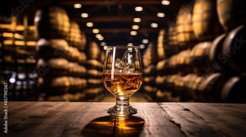 Glass of refined whisky in a distillery cellar photo