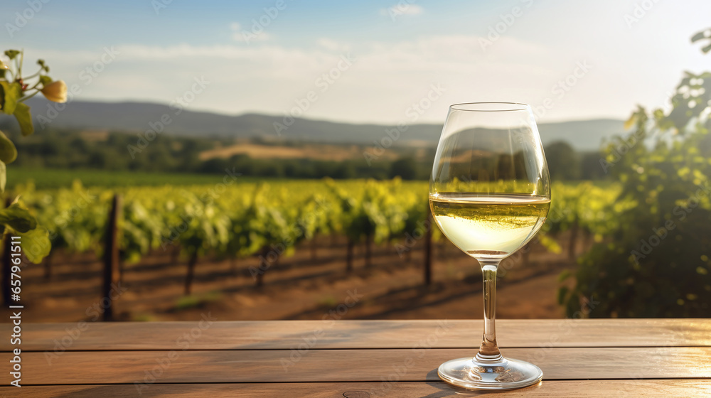 White wine glass on table view of wine farm daylight White wine glass on table view of wine farm daylight