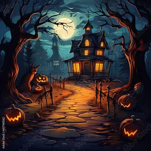 halloween illustration with big moon, bare trees, flying bats, scary castle and halloween pumpkins, generative AI