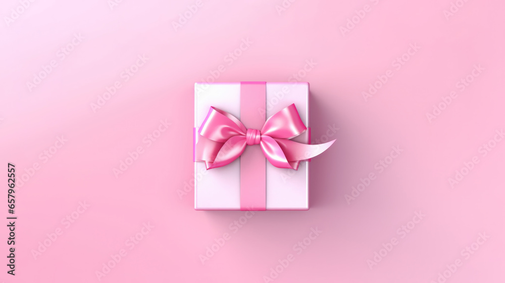 Top view of pink gift box with ribbon and bow isolated on pink background.