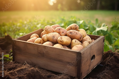a wooden box with potato in field or garden in the morning, organic potato © Slowlifetrader