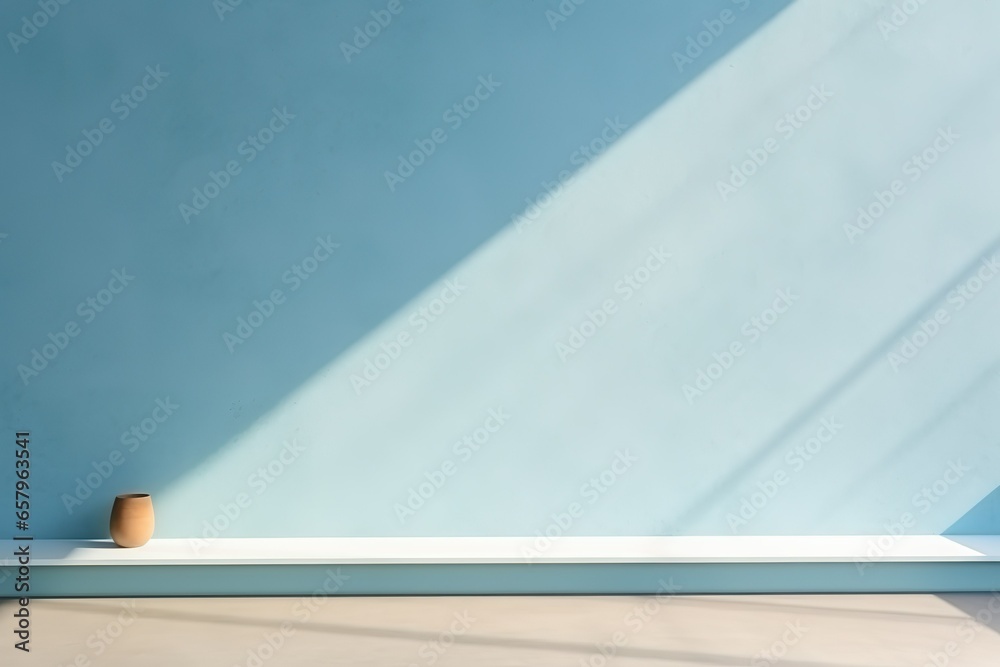 Wholesome and calming light blue abstract backdrop, purpose-built for product presentation, with the soothing effect of shadow and light from windows on a plaster wall Wholesome and calming light blue abstract backdrop, purpose-built for product presentation, with the soothing effect of shadow and light from windows on a plaster wall