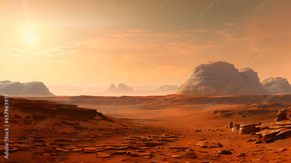 Depict the harsh and captivating environment of Mars. Depict the harsh and captivating environment of Mars.