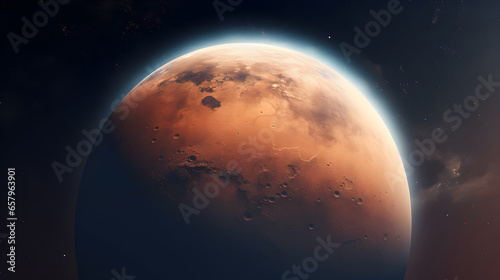 Generate a detailed and authentic portrayal of Mars  the red planet. 