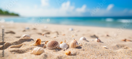 Closeup seashell at sand beach. Generative AI technology.