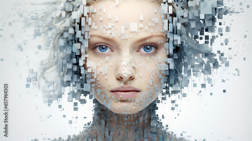 Composited illustration of a digital woman. Surreal fantasy. Symbolic of generative AI. Futuristic. Pixelated. Binary code. photo