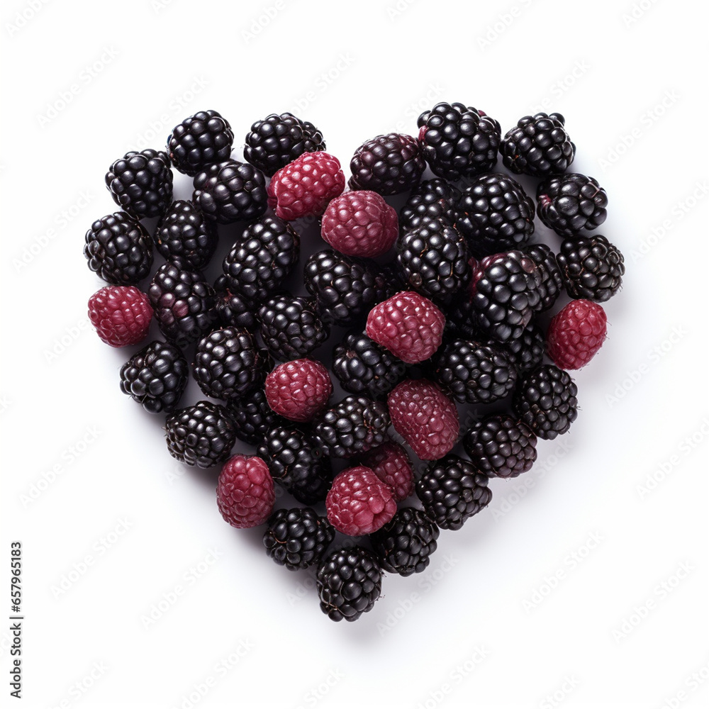 Heap fresh red blackberry be arrange in heart shape on white background. Isolated on white background. Heap fresh red blackberry be arrange in heart shape on white background. Isolated on white background.