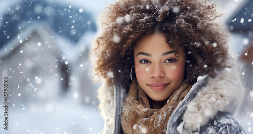 girl, black, mixed race, smiling, camera, snowman, background, snowing, winter, season, child, happy, outdoor, cold, weather, joyful, cheerful, young, people, holiday, cute, portrait, pretty, snowflak