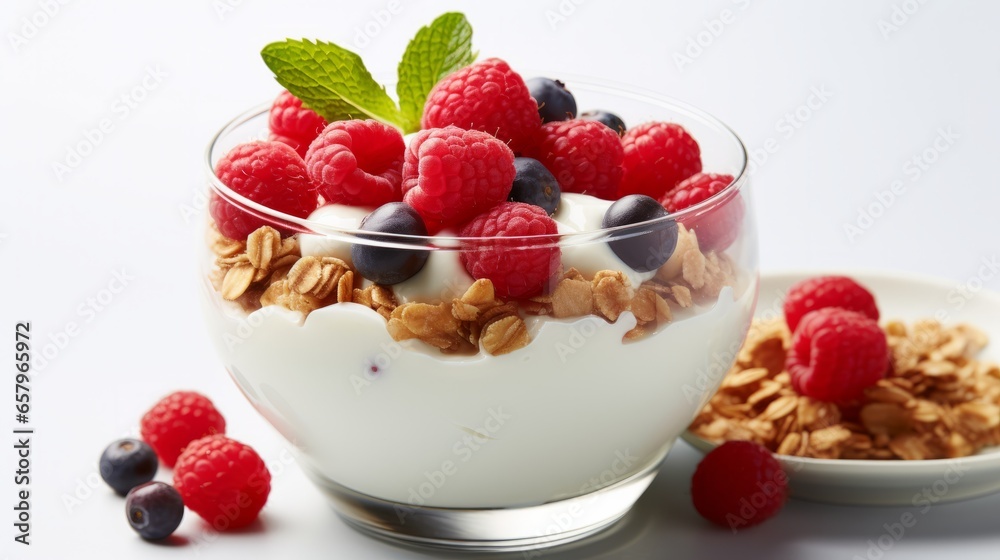 Photo of a delicious and nutritious bowl of granola with fresh berries and a touch of mint created with Generative AI technology Photo of a delicious and nutritious bowl of granola with fresh berries and a touch of mint created with Generative AI technology