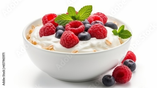 Photo of a delicious and nutritious bowl of granola with fresh berries and a touch of mint created with Generative AI technology