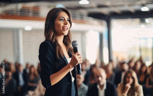 Female business speaker giving a talk at a business conference event. Generative AI photo
