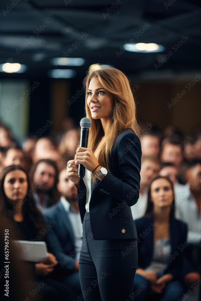 Female business speaker giving a talk at a business conference event. Generative AI Female business speaker giving a talk at a business conference event. Generative AI