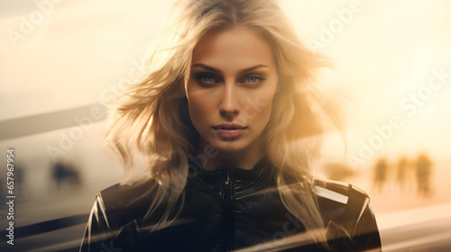 A determined and pioneering blonde woman biker and race car driver accelerates towards victory with unwavering competitive spirit on the racetrack.