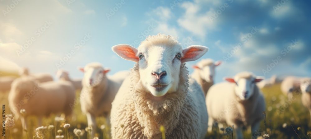 Sheep herd at field. Generative AI technology.