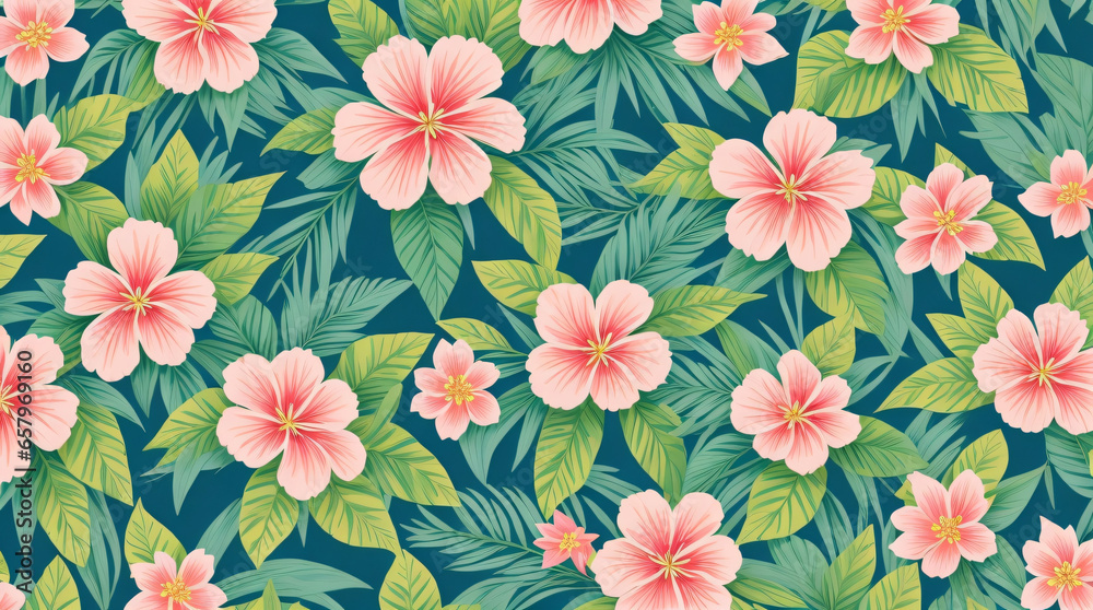 Create a lively and colorful stylish retro aloha pattern with painted leaves and blossoms that exude a natural and exotic feel, capturing the essence of summer in a playful generative AI
