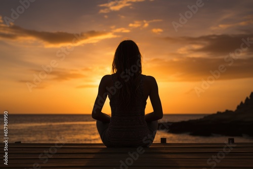 Silhouette of a woman doing yoga in beach. Generative AI