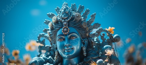 Closeup Vishnu Hindu god statue. Generative AI technology.	
