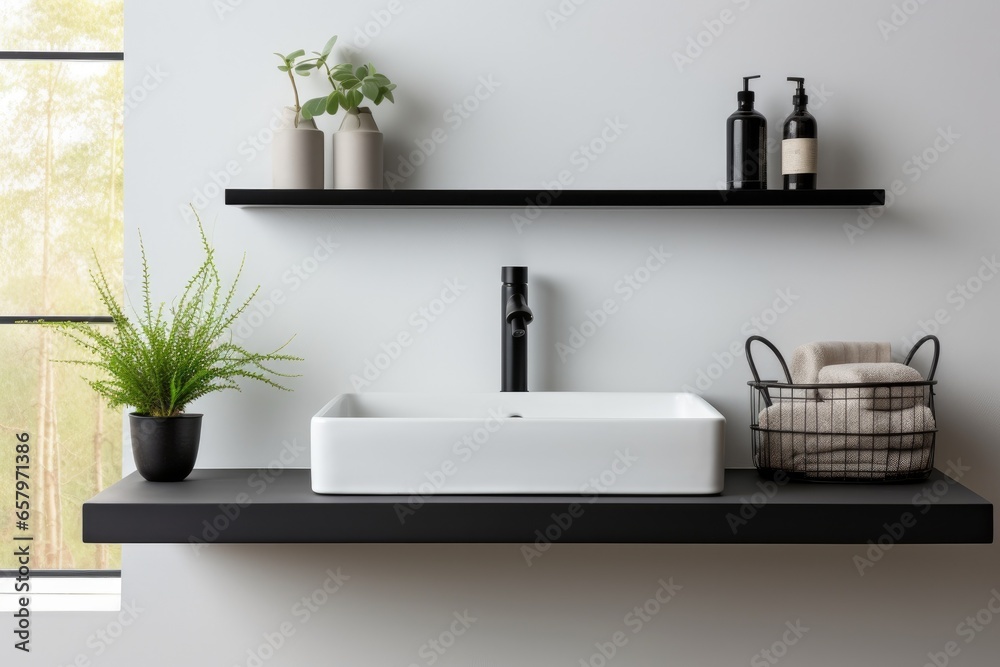 Fototapeta premium Sink in bathroom black and white interior design. Generative AI
