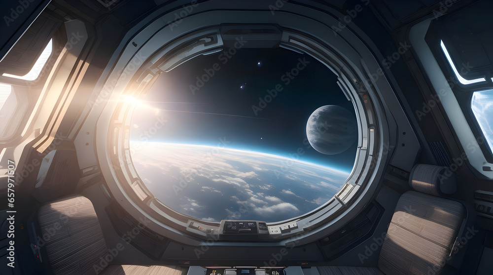 spaceship interior with a view out a dark window spaceship interior with a view out a dark window