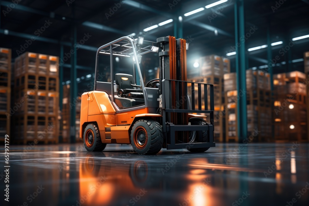 forklift truck in warehouse. Logistics and distribution center for product delivery. Generative AI