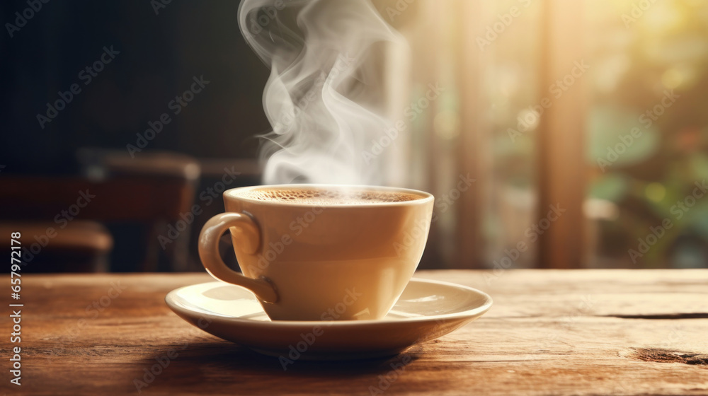 A cup of hot coffee on the table. Morning sunlight A cup of hot coffee on the table. Morning sunlight