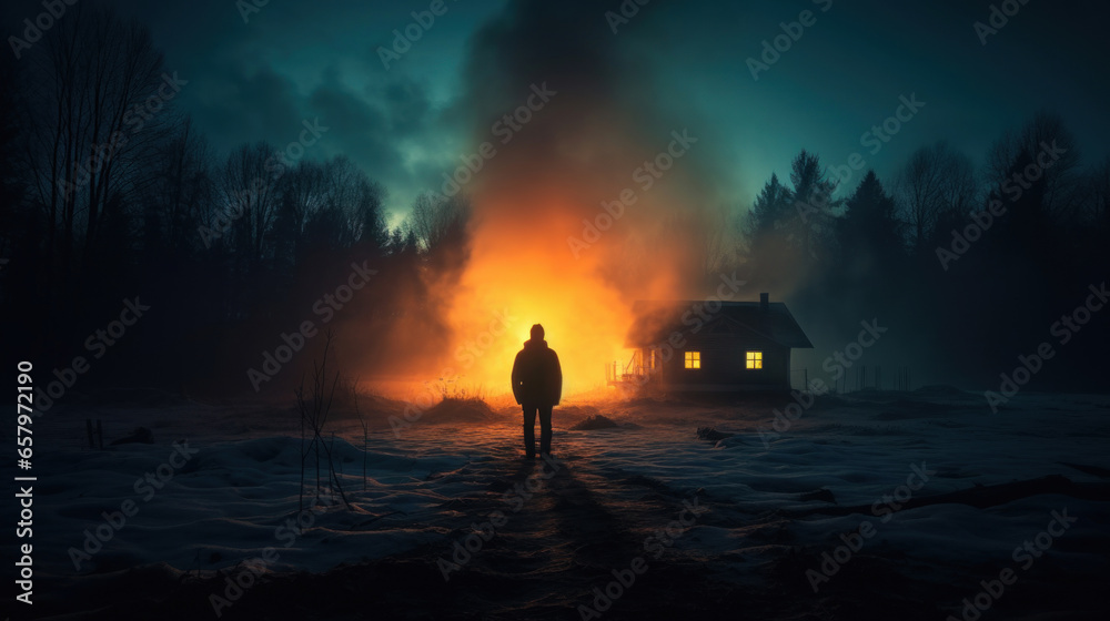 A silhouette of a man against a burning building at night.