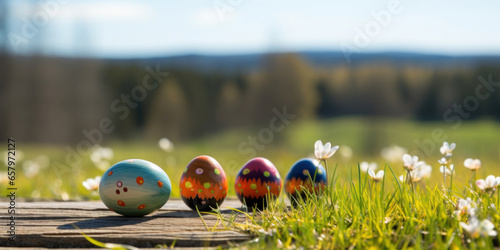 Easter eggs in a sunny spring meadow