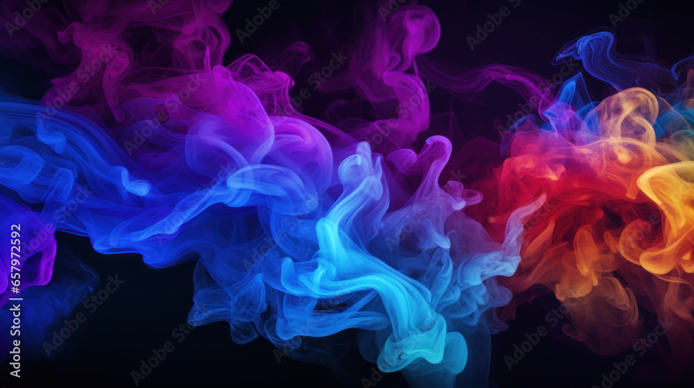 Multicolored smoke on black background. Pink, red, orange, blue and purple colors