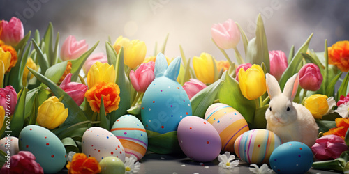 Happy Easter background with tulips and decorative eggs