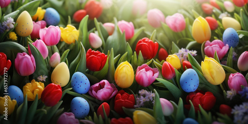 Happy Easter background with tulips and decorative eggs