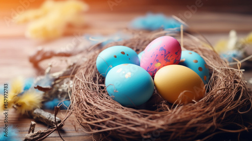 Multi-colored Easter eggs in a nest.
