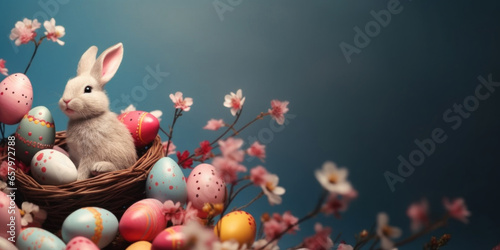 Multi-colored Easter eggs and cute bunny toy in a nest.