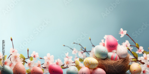 Multi-colored Easter eggs and cute bunny toy in a nest.