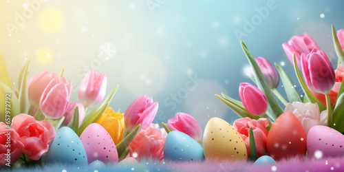 Happy Easter background with tulips and decorative eggs